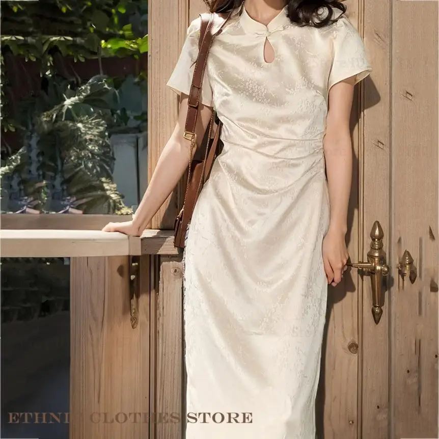 

Fashion New Chinese Style Qipao Summer Daily Women's Dress Elegant Jacquard Improved Long Cheongsam Sexy Slim Vestidos Qipao