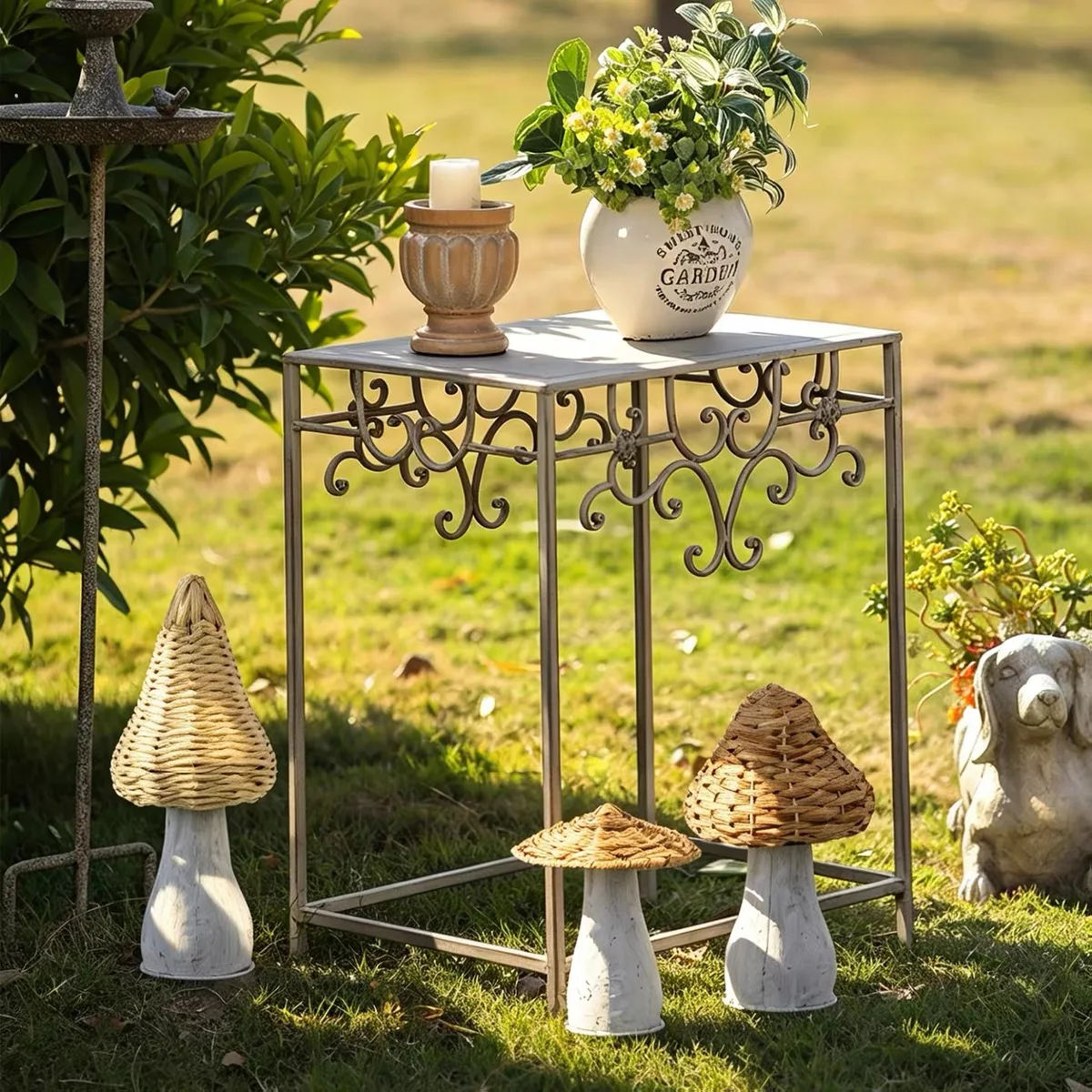 Rustic Rattan Mushroom Garden Decor Artificial Wicker and Iron Ornament 3 Styles for Farmhouse Patio Lawn Home Table Decorations