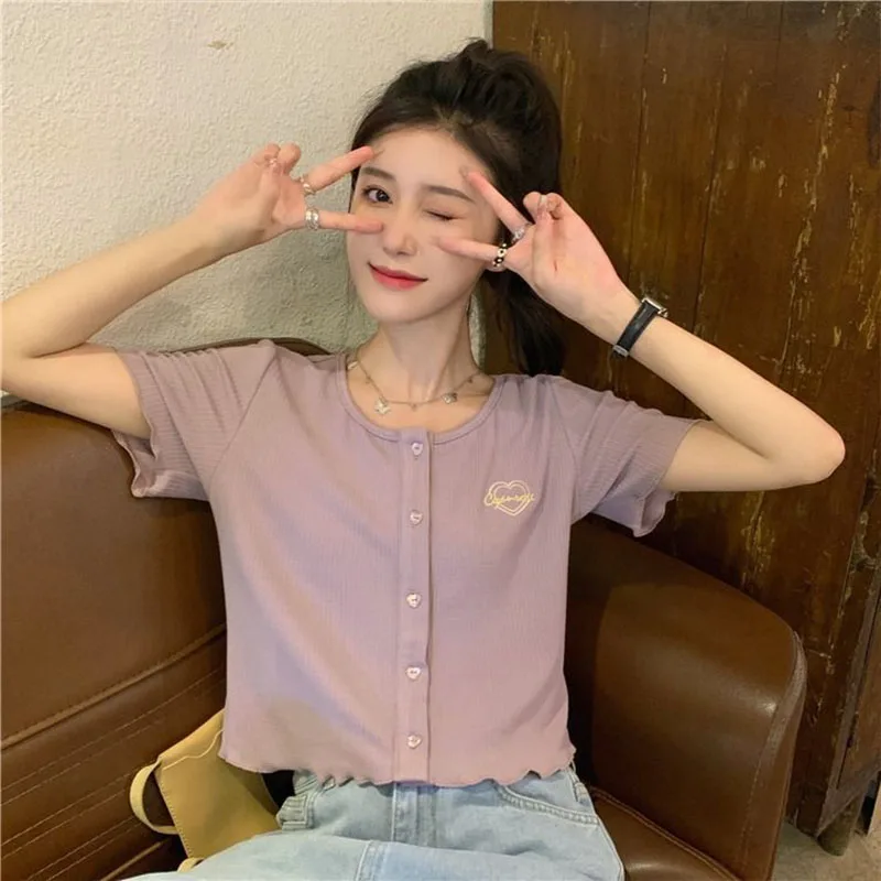 Women Clothing Fashion Love Embroidery Short Sleeve Tshirt Summer Chic Stringy Selvedge Knit Short Cardigan Casual Versatile Top