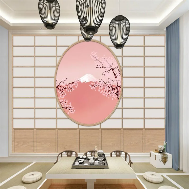 

Custom Japanese Style Wooden Frame Background Wall Paper 3D Cherry Blossom Pink Tatami Decor Mural Wallpaper Papel De Parede 3d