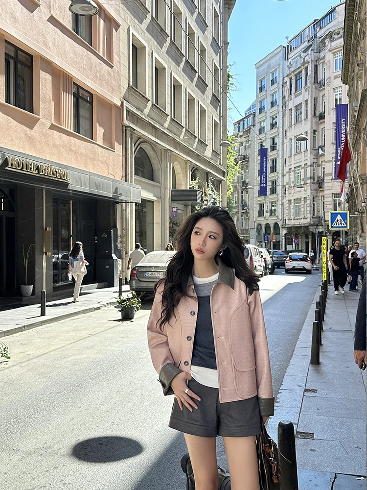 Giacca in pelle con motivo alligatore rosa ZQ Ziqing Dust e Rose ey, nuovo design da donna, con colletto a contrasto, cappotto corto