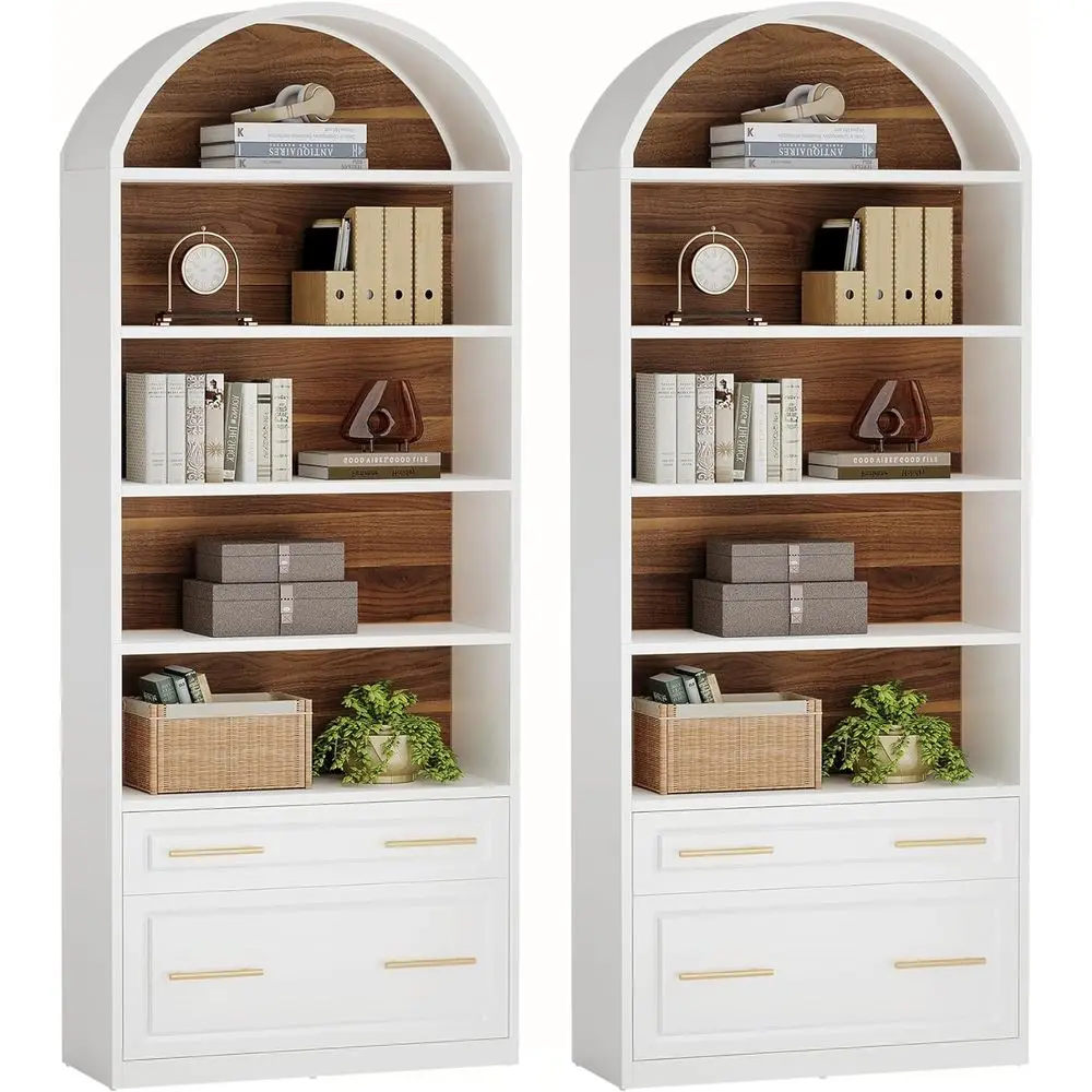 

76.8" Tall Arched Bookcase Set o 2, 5-Tier Bookshel with ile Cabinet Der, ern reestanding Wooden Bookshelves, Large Open Display