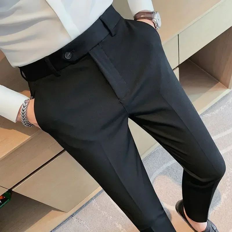 Black Trousers for MenTressed Straight 9 Cropped Social Tailoring Business Slim Fit Clothes Man Suits Pants Offer Designer Up