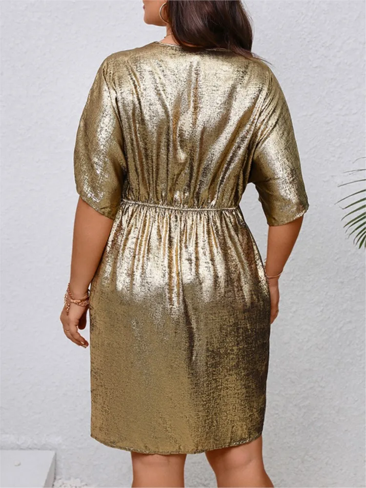 Mini robe plissée à col en V pour femmes, robes à manches courtes, robe irrégulière, grande taille, mode sexy, bling pour dames, été