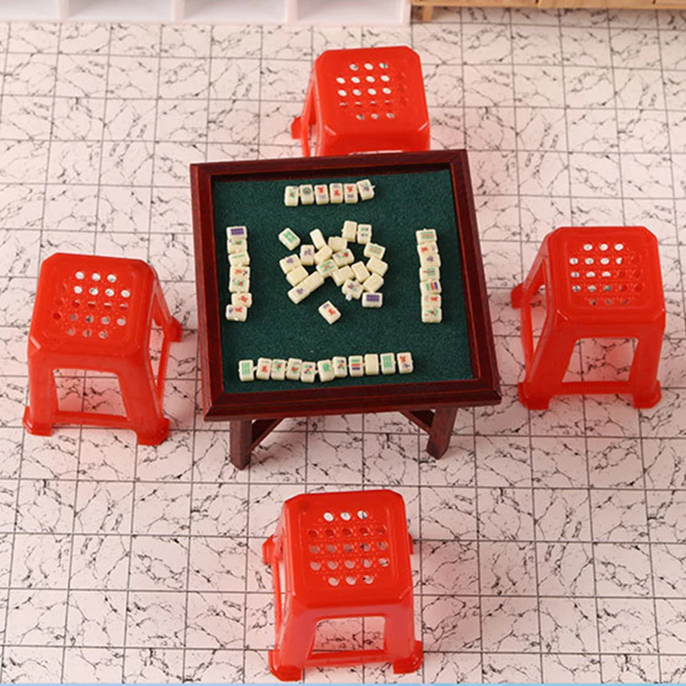 1/12 Miniature Chinese Mahjong Table Set Dollhouse Accessories 4Pcs Chair Doll House Pretend Toy Micro Furniture For Girl Gift