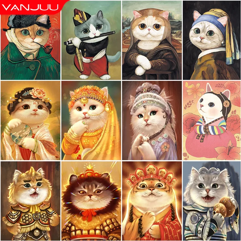 5D DIY Diamond Abstract Character Art Cat Full Round Diamond Mosaic Animal Diamond Embroidery Kit Rhinestone Home Decoration