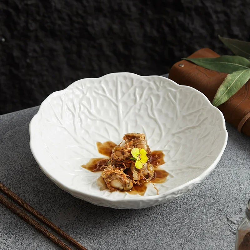 Pure White Irregular Ceramic Wrinkled Bowl Restaurant Salad Plate Soup Bowl Pasta Bowl Special Tableware for Molecular Food.