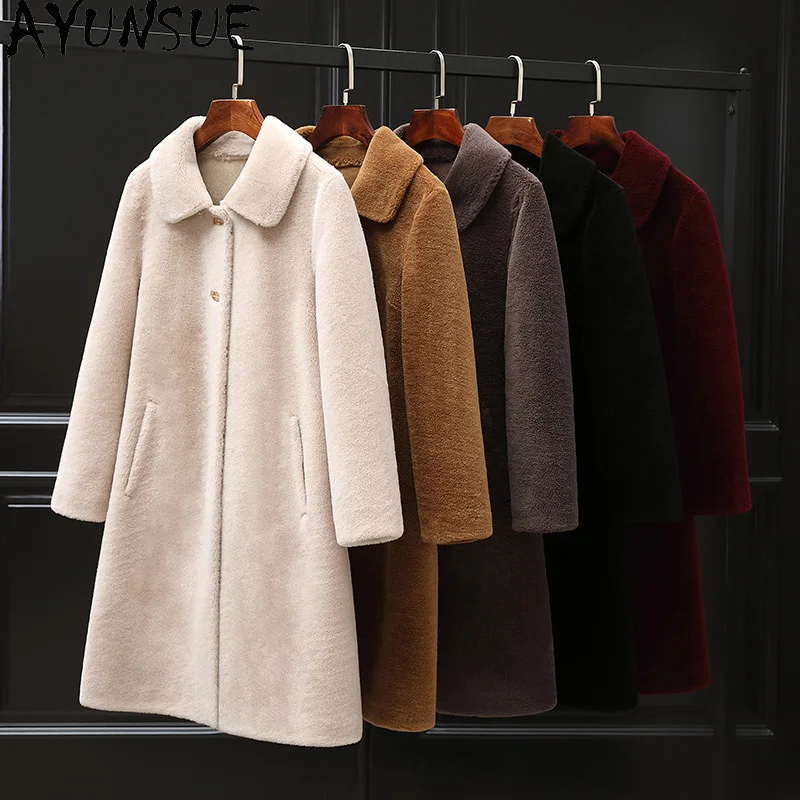 เสื้อโค้ทขนสัตว์แท้ 100% ยี่ห้อ AYUNSUE สำหรับผู้หญิง ปี 2025 แจ็คเก็ตขนแกะแท้ เสื้อผ้าฤดูหนาวสำหรับผู้หญิง ขนสัตว์ผสม เสื้อโค้ทขนสัตว์ ความยาวปานกลาง