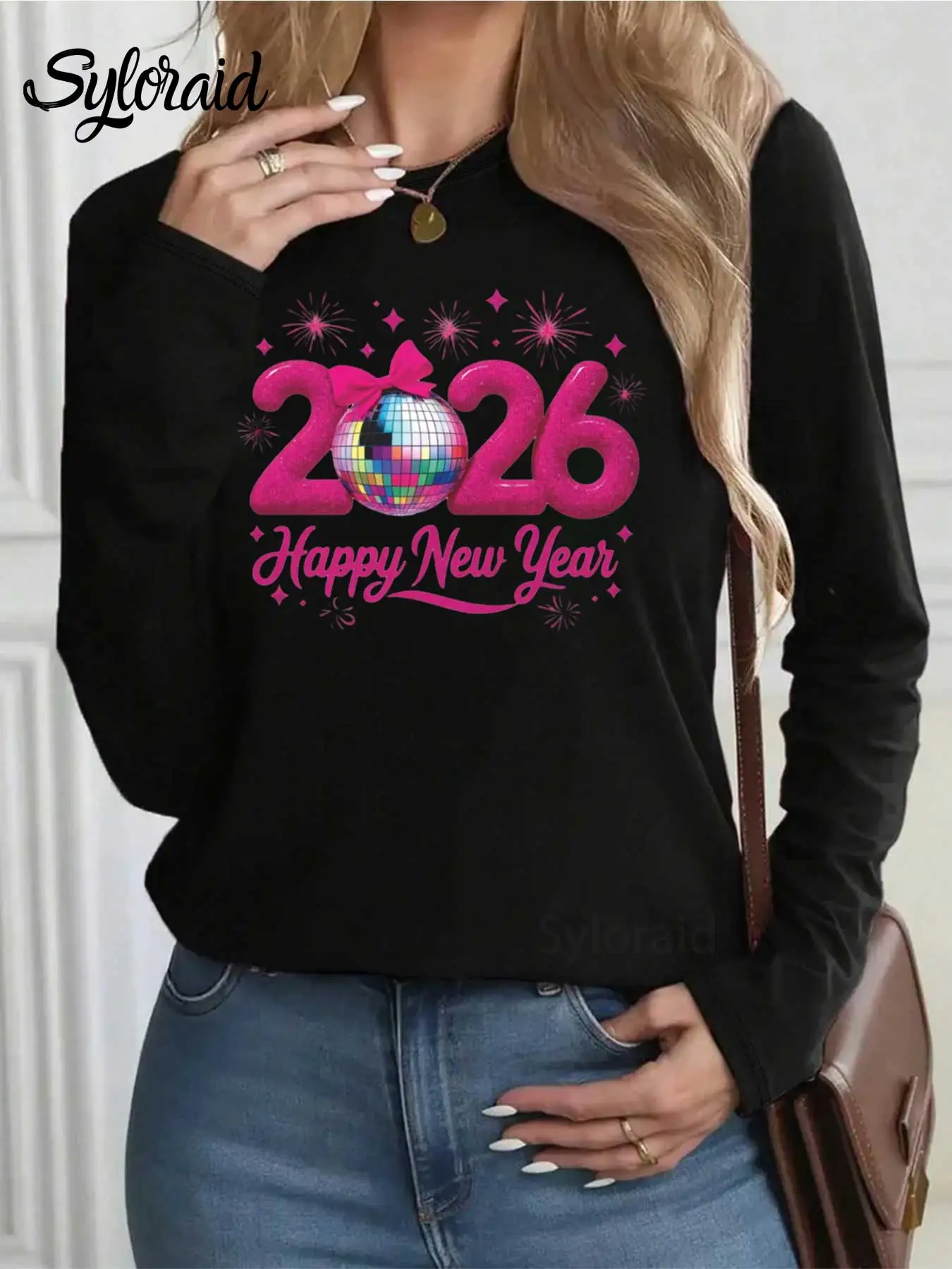 Dames T-shirt met lange mouwen Roze Gelukkig Nieuwjaar 2026 Discobal Print T-shirt Mode Ronde hals Casual top