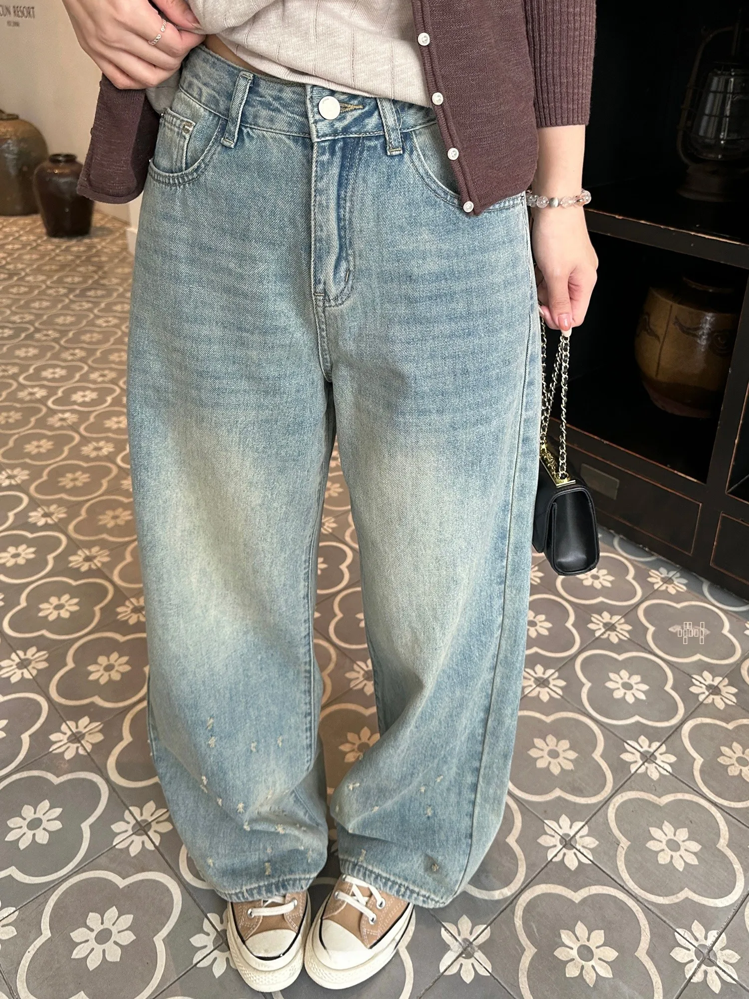

Vintage Faded Wide Leg Lazy Jeans Loose Straight Long Pants Ladies Commute Sle Jeans l Waist Button Closure