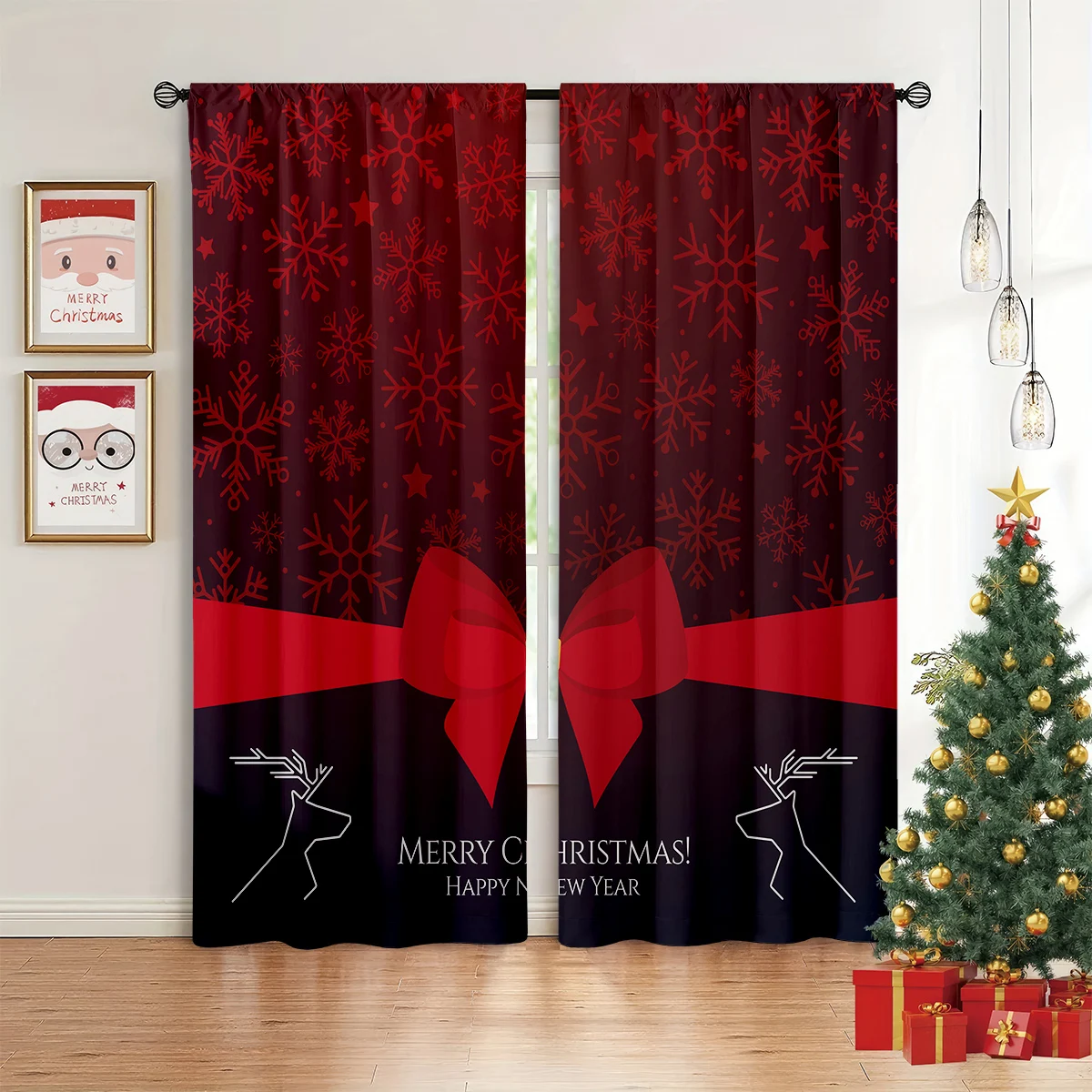 2pcs Christmas Bow-Print Curtains – Festive Holiday Decor For Children's Rooms And Dining Areas – A Gift For Kids