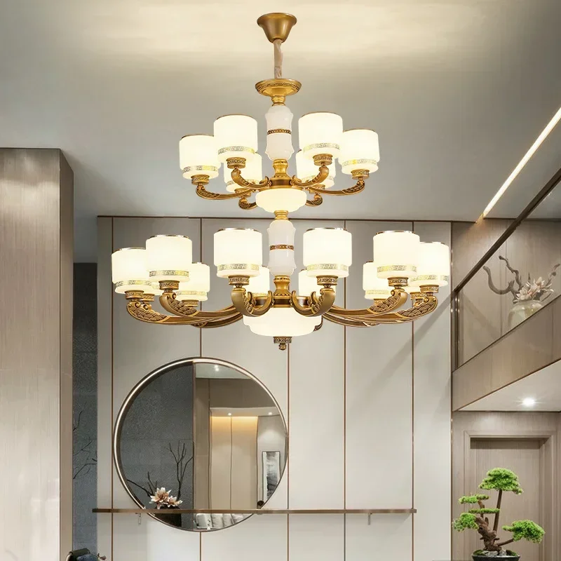 New Chinese Style Large Chandelier Duplex Building Villa Lobby Living Room Light Jade Luxury Hotel Hollow Headligh