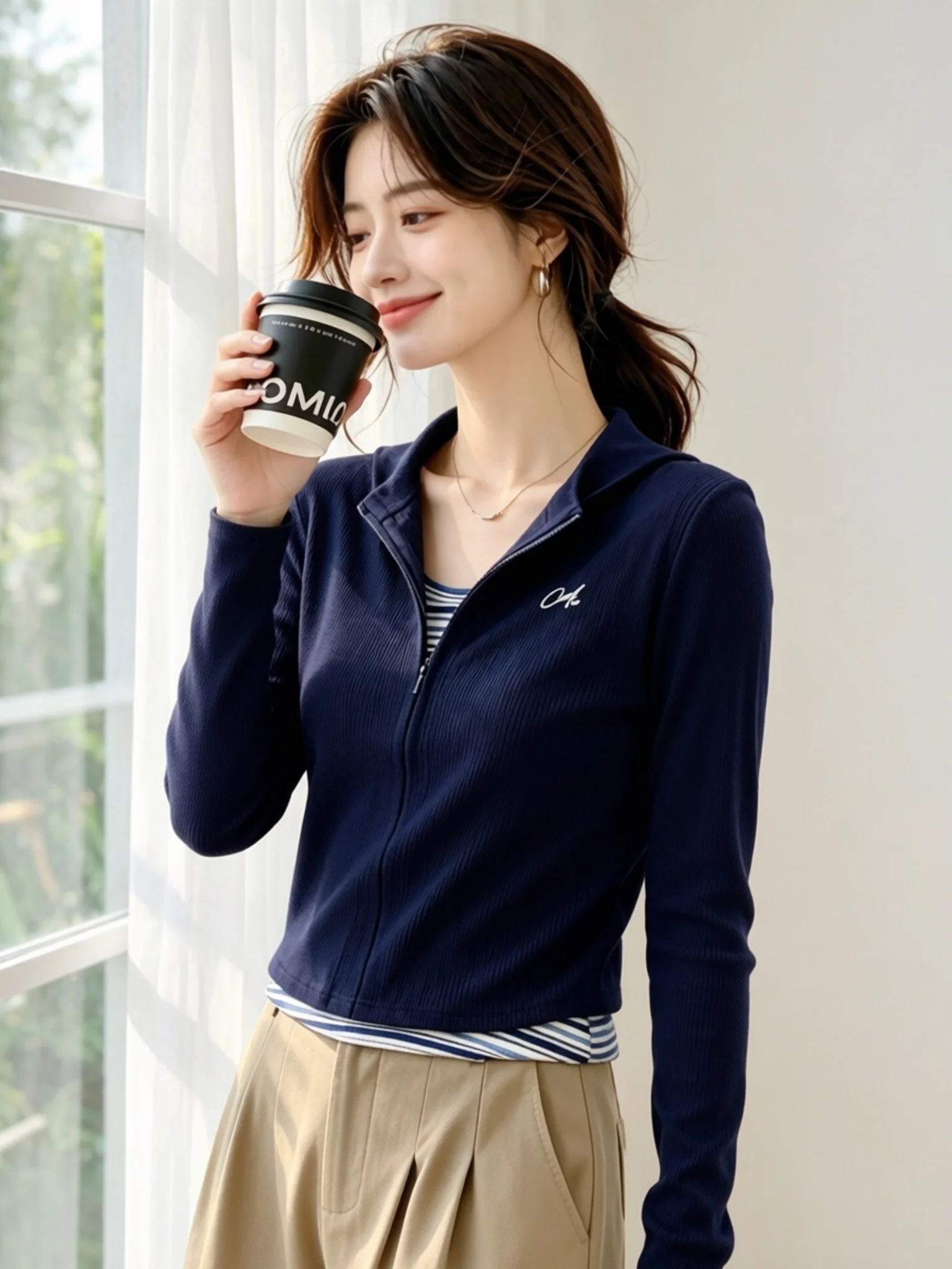 Slim Fit Long Sleeve T-Shirt Women's Autumn New Style Half Zip Base Shirt Weight Loss Versatile Top Splice Dark Blue Base Shirt