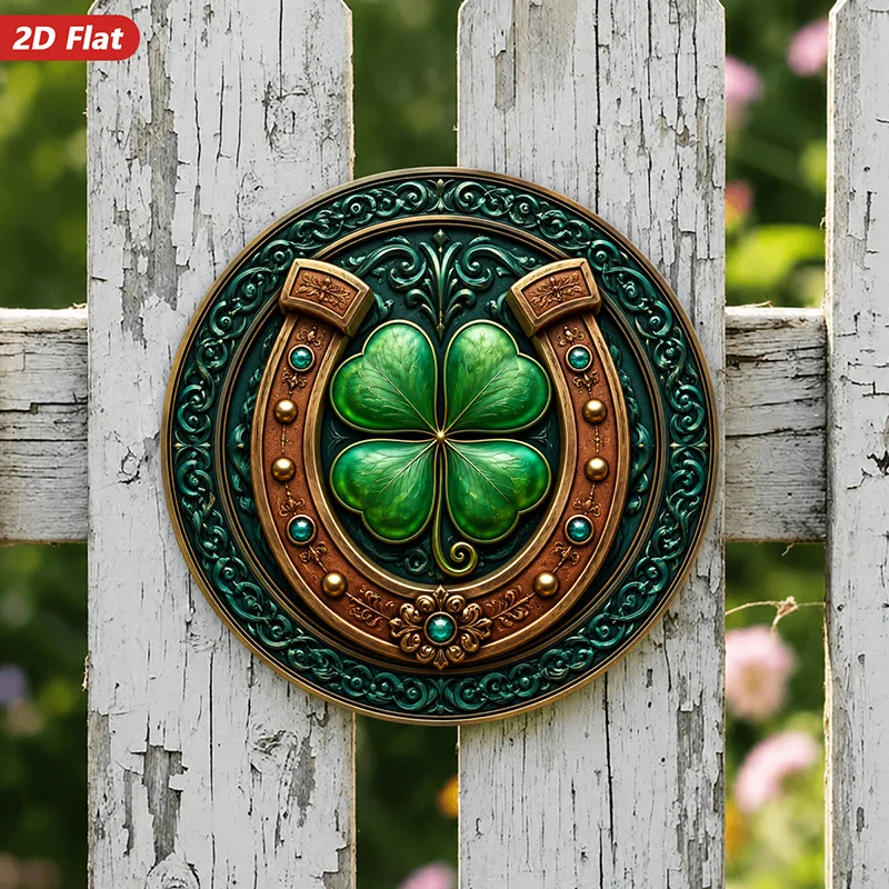 2D Flat, 1pc Round Metal Sign Wall Art, Four - Leaf Clover and Horseshoe Home Decor, with Celtic Motifs, Ornate Design, Lucky Sy