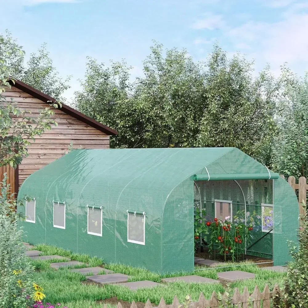 20ft x 10ft x 7ft Outdoor Walk-in Greenhouse with Roll-up Windows, Zippered Door, PE Cover, Heavy Duty Steel Frame, Green