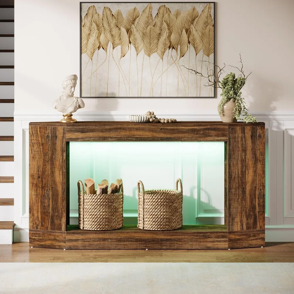 63 طاولة كونسول خشبية خفيفة مع LED، طاولة أريكة خلف الأريكة، شاشة بهو المدخل، تصميم ضيق طويل لـ