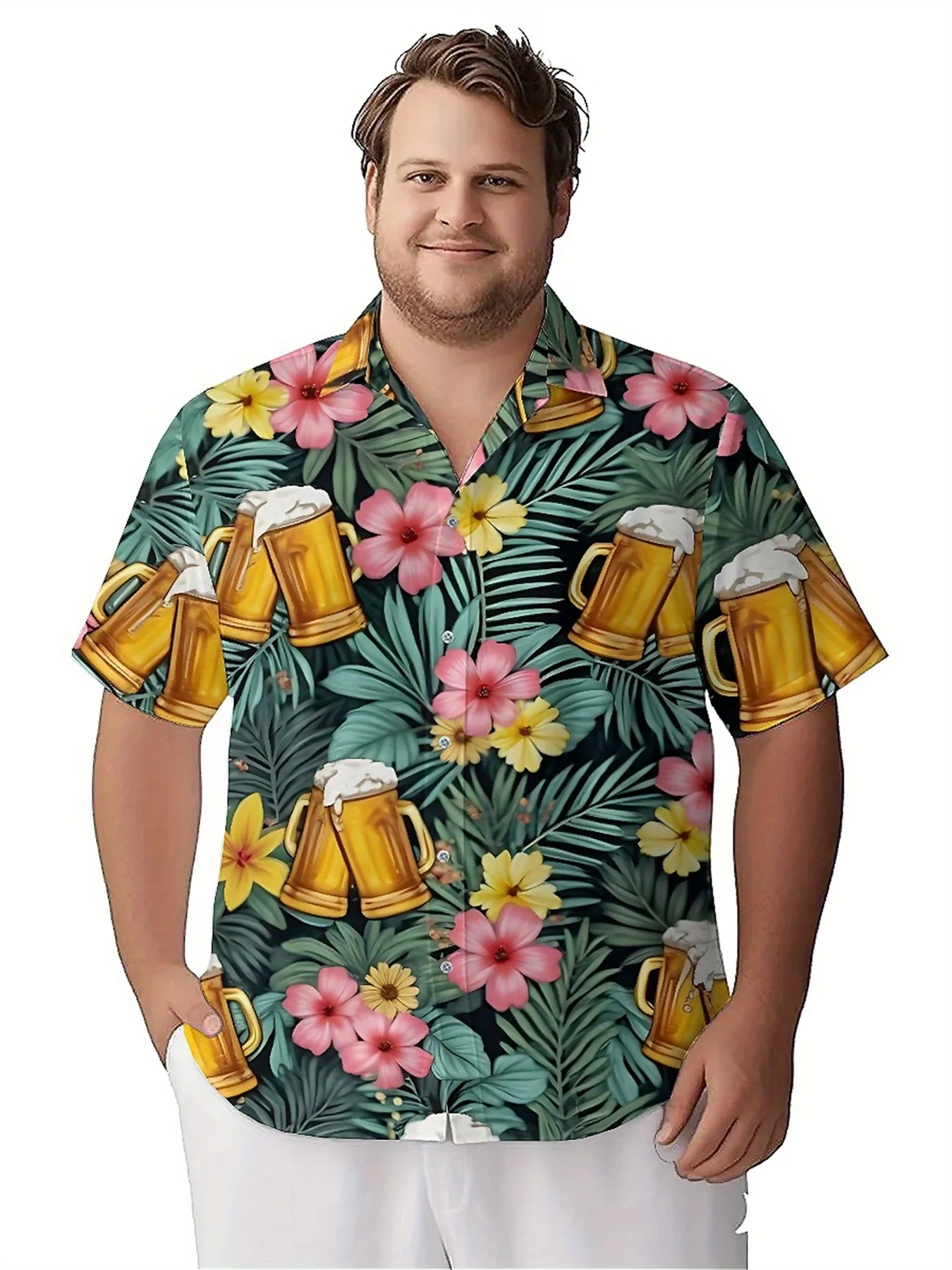 Men's Plus Size Hawaiian Shirts Tropical Beer Party Theme pattern, Button Up Shirts, Unisex Casual Clothing, Summer Tops