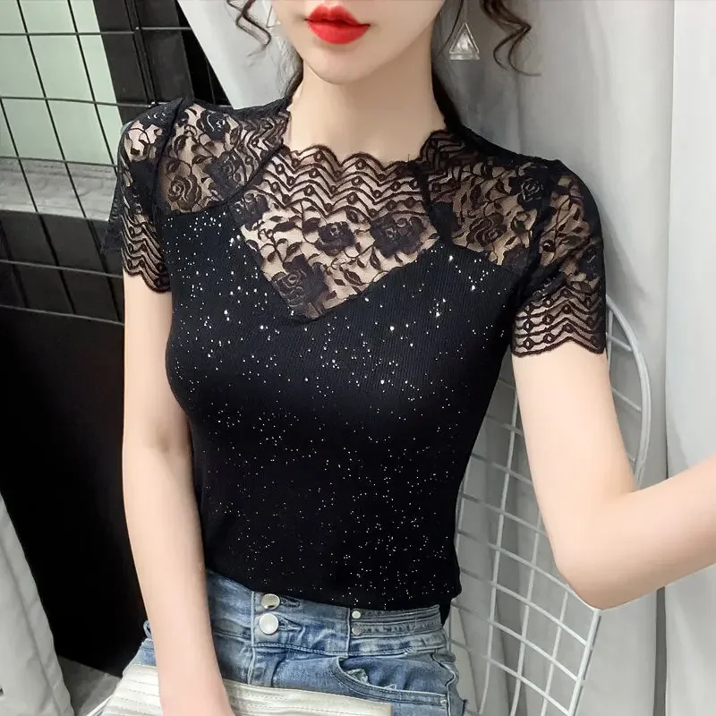 M-4XL Summer Hollow out Black shirt New fashion Sexy Short-sleeved Mesh Lace T shirt Women Casual Bright silk Tops V1050