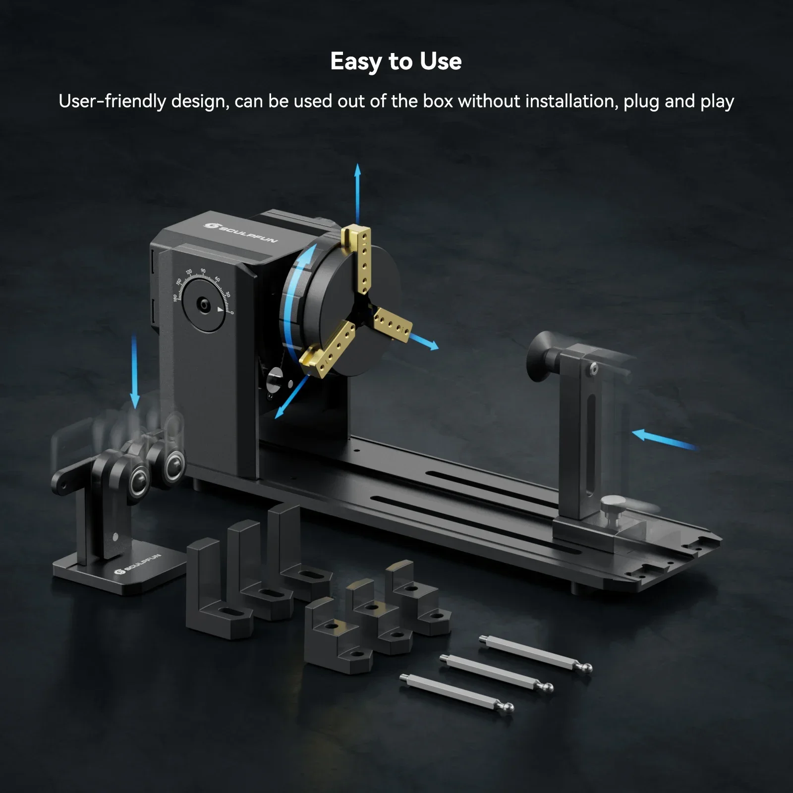 SCULPFUN RA Pro Max 4 in 1 Rotary Chuck for Laser Engraver Y-axis Multi-Function Rotary Roller Engraving Module with 180° Adjust