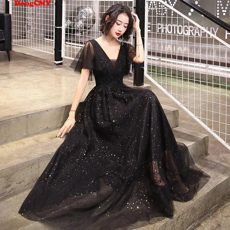 Long Black Formal Sequined Prom Dress DongCMY Elegance Party Plus Size Maxi Tull V-Neck Backless Cocktail For Women