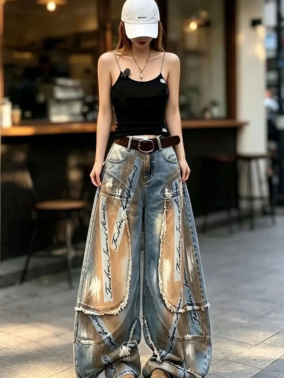 Stylish Patchwork Painted Crafty High Waist Loose Slimming Straight Banana Jeans for Women New Arrival Casual Commute Style