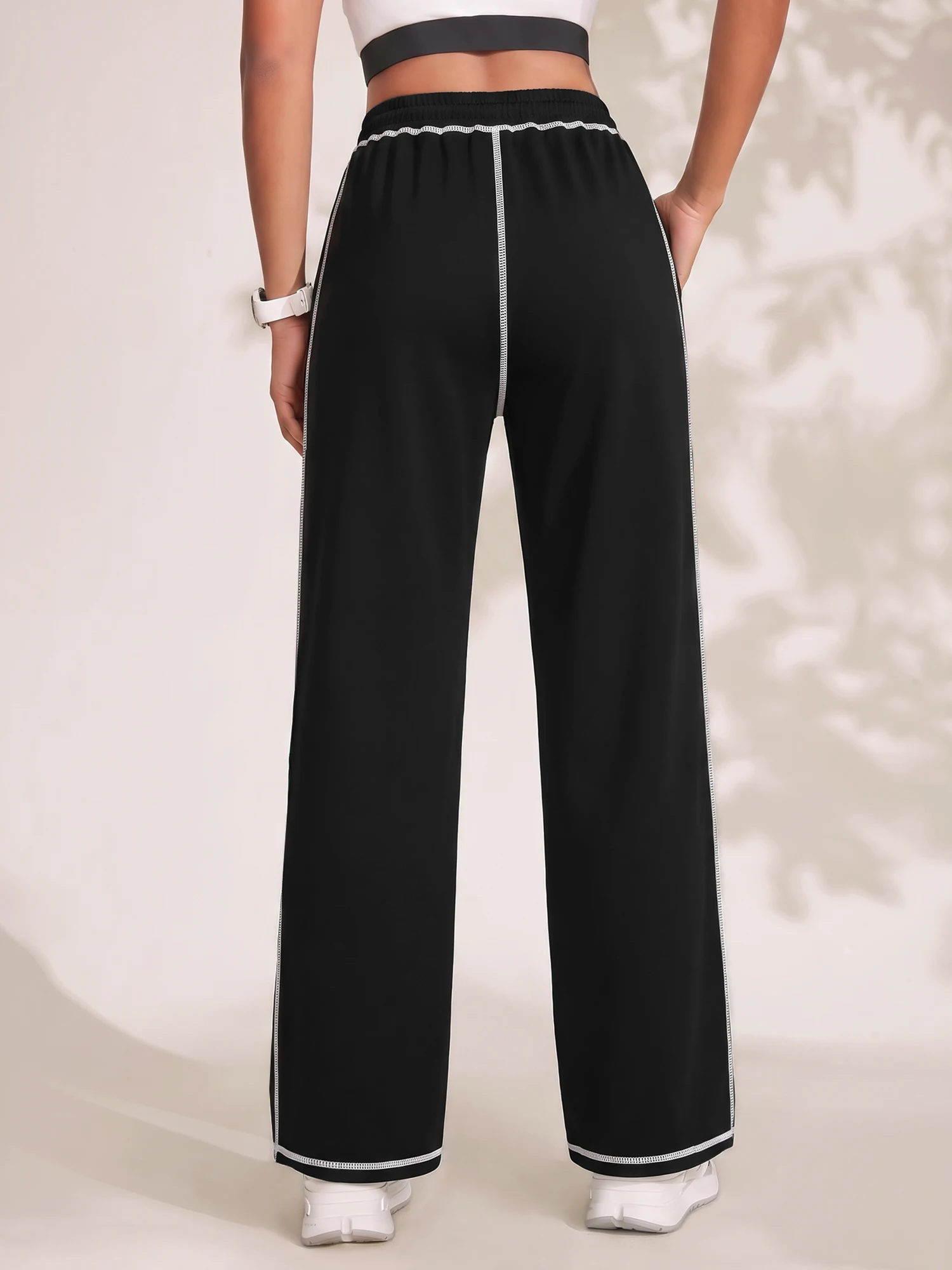 Women Casual Daily Wide Leg Trousers Contrast Stitching Elastic Waist Drawstring Baggy Sports Pants