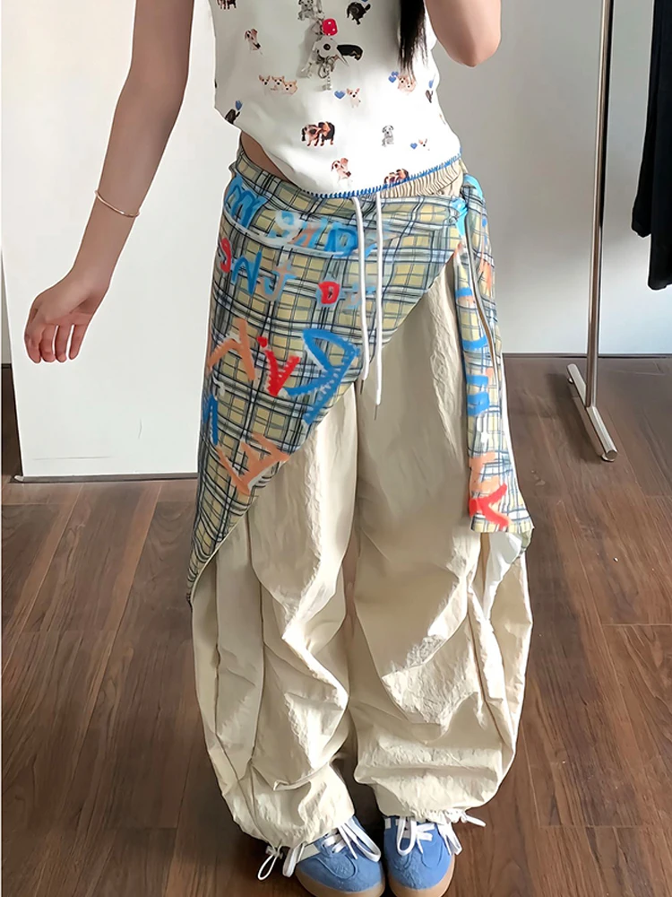 Y2K-ropa de calle para mujer, pantalones Cargo holgados de cintura alta con retales, pantalones de paracaídas Bf Hip Hop, pantalones de chándal de baile de Jazz con cinta que combinan con todo