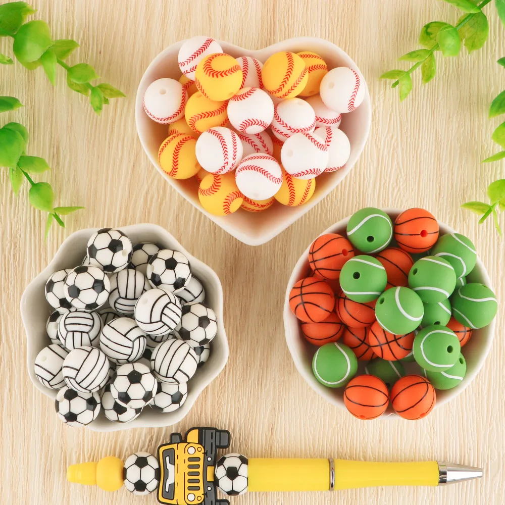 10Pc Printed Silicone Beads Round 15MM Soccer Baseball Tennis Basketball Sport Silicone Printed Bead DIY Accessories