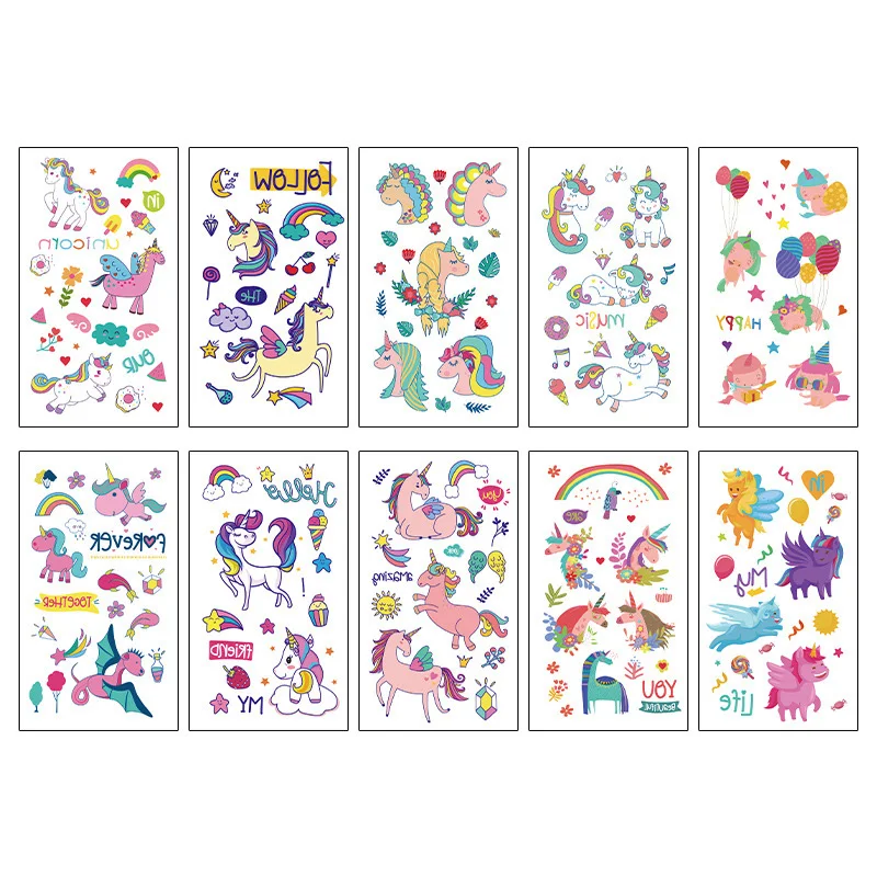 10 Sheets/Set Fake Tattoo Stickers Cartoon Animal Dinosaur Mermaid Unicorn Temporary Tattoos Kids Arms DIY Body Art