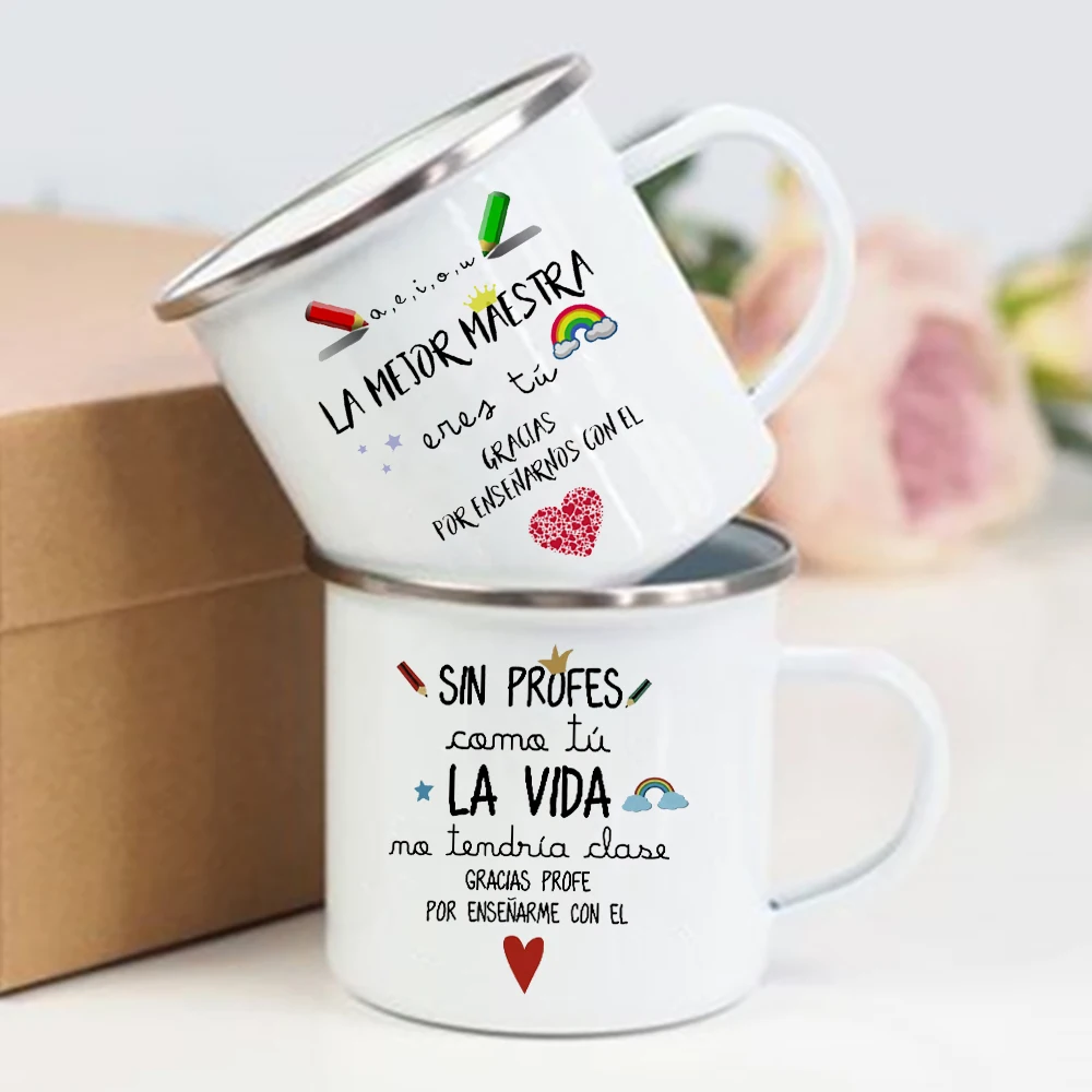 Spanish Printed Mug Creative Coffee Cups Drinks Enamel Cup Vintage  School Handle Drinkware Graduate Thanks Gifts for Teacher