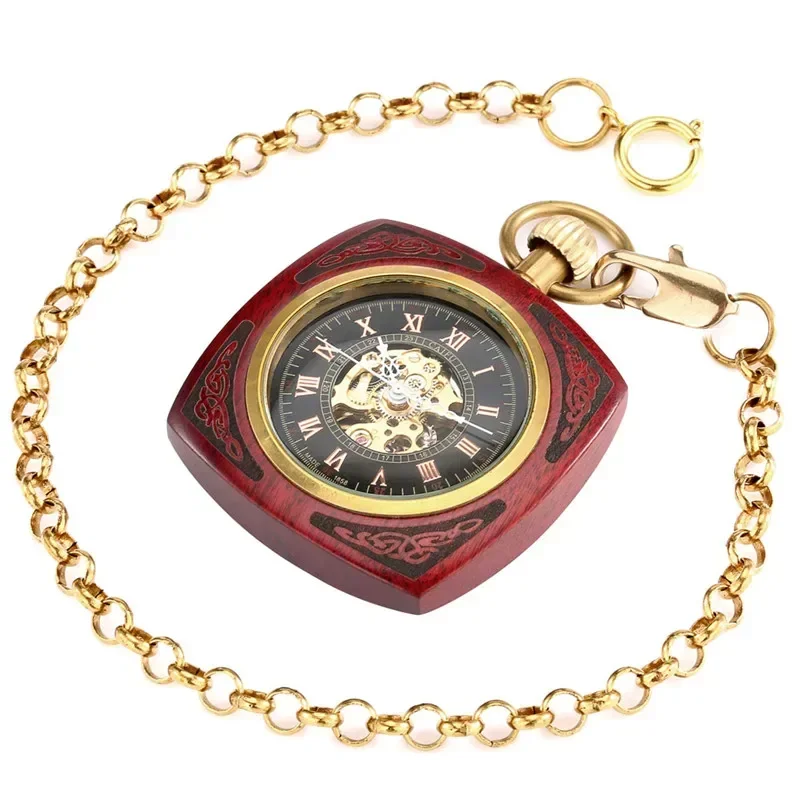 Retro Square Case Red Sandalwood Automatic Mechanical Pocket Watch for Mens Womens Open Face Roman Number Clock with Chain