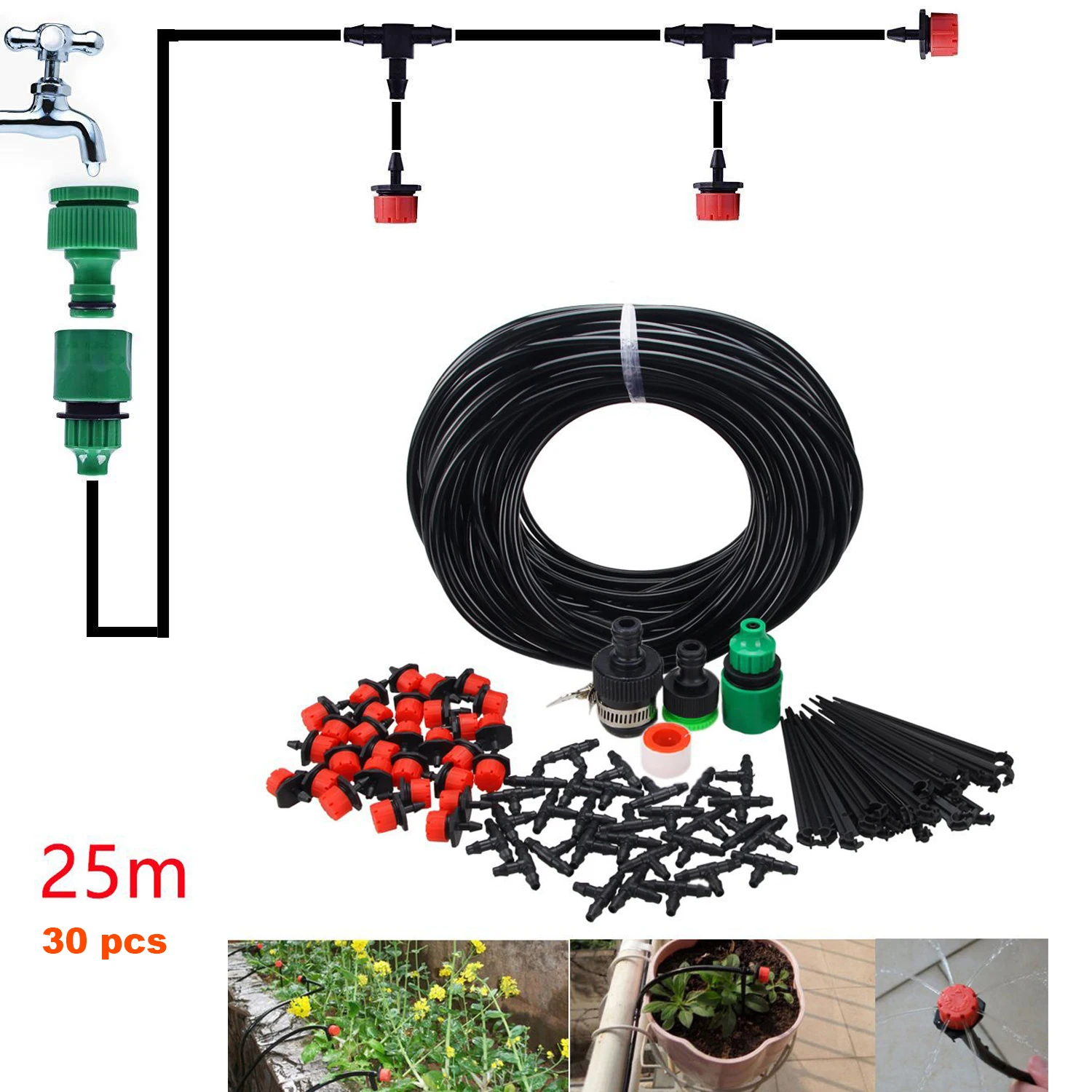 

25m 30pcs Drip Irrigation System Dripper Self Watering Automatic Micro Garden Irrigation Spray Self Kits with Adjustable Dripper