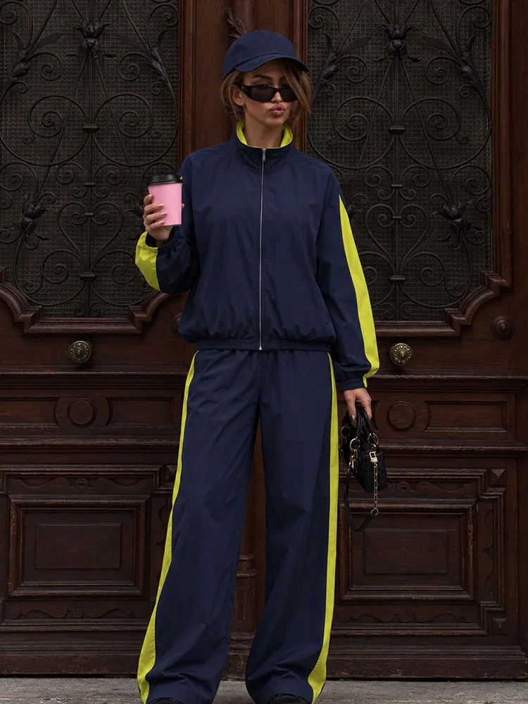HH Women Sporty Zip Up Jacket Spring Fall Contrast Sleeve Panels Stand Collar Relaxed Fit Elastic Hem Navy Blue Outerwear