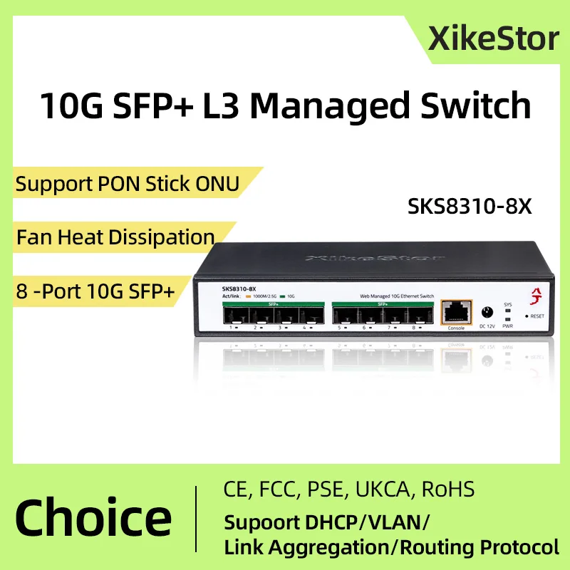 

XikeStor 8-портовый 10G SFP+ L3 управляемый коммутатор с поддержкой рассеивания тепла вентилятора DHCP/VLAN/порт агрегации/зменения