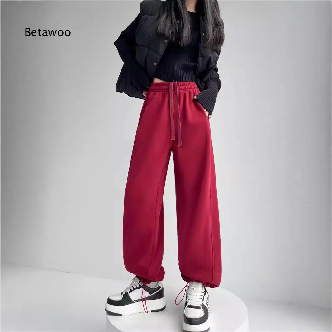 Women Fleece Lined Thick Sweatpants Draping Straight Leg Design Drawstring At Ankle Two Ways To Wear Loose Wide Leg Casual Long