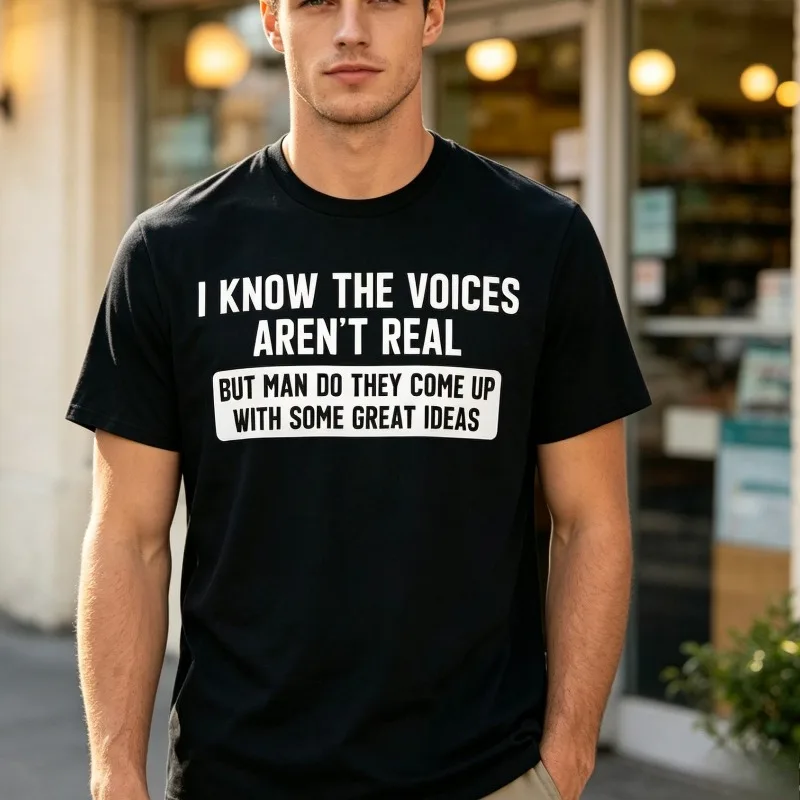 “I KNOW THE VOICES AREN'T REAL” Print T-Shirt Men’s Funny Sarcastic Quote Graphic Soft Modal Crewneck Tee Casual Top