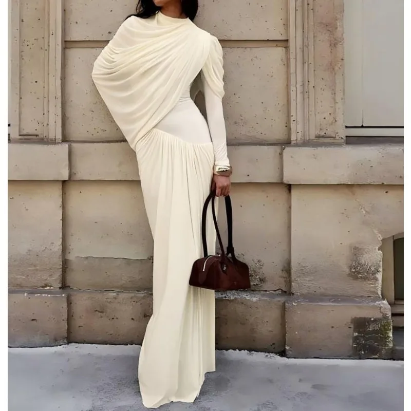 

Elegant, Innocent Royal Sister-style Retro Apricot Long-sleeved Dress for Women with Pleated Waist and Slimming Long Skirt