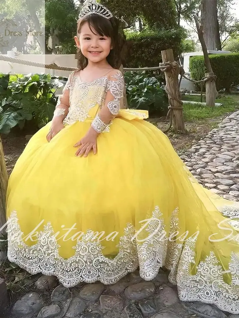 Wish Elegant Dubai Girl Dress Long Sleeve Puffy Bow Arabic Princess Kids Wedding Birthday Party Long Ball Gown