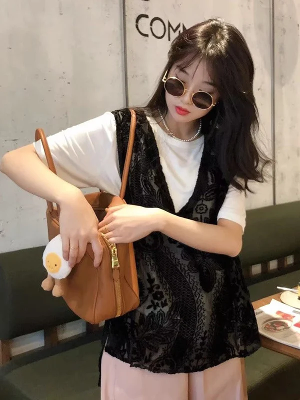 

plus Size Women's Lace Velvet Jacket Short Sleeve T-Shirt Two-Piece Set Summer Casual Loose Fit round Neck Thin Polyester