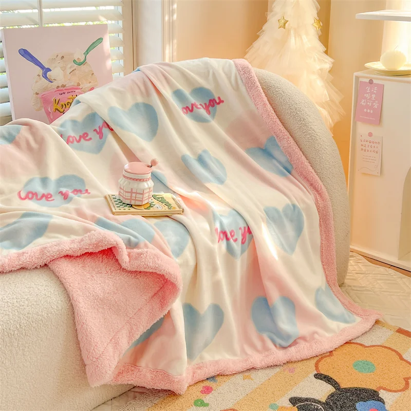 Blue Love Heart Throw Blankets for Lover Mom Father Friends Gifts, Reversible Pink Fuzzy Blanket for Couch Sofa Bed All Season