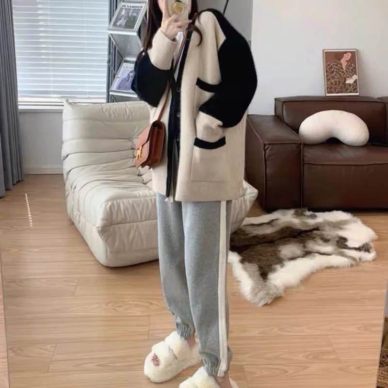 Women Autumn Winter Korean New Knit Cardigan Commuter Trendy Contrast Button Pocket Splicing Lazy Sweater Style Long Sleeve Coat