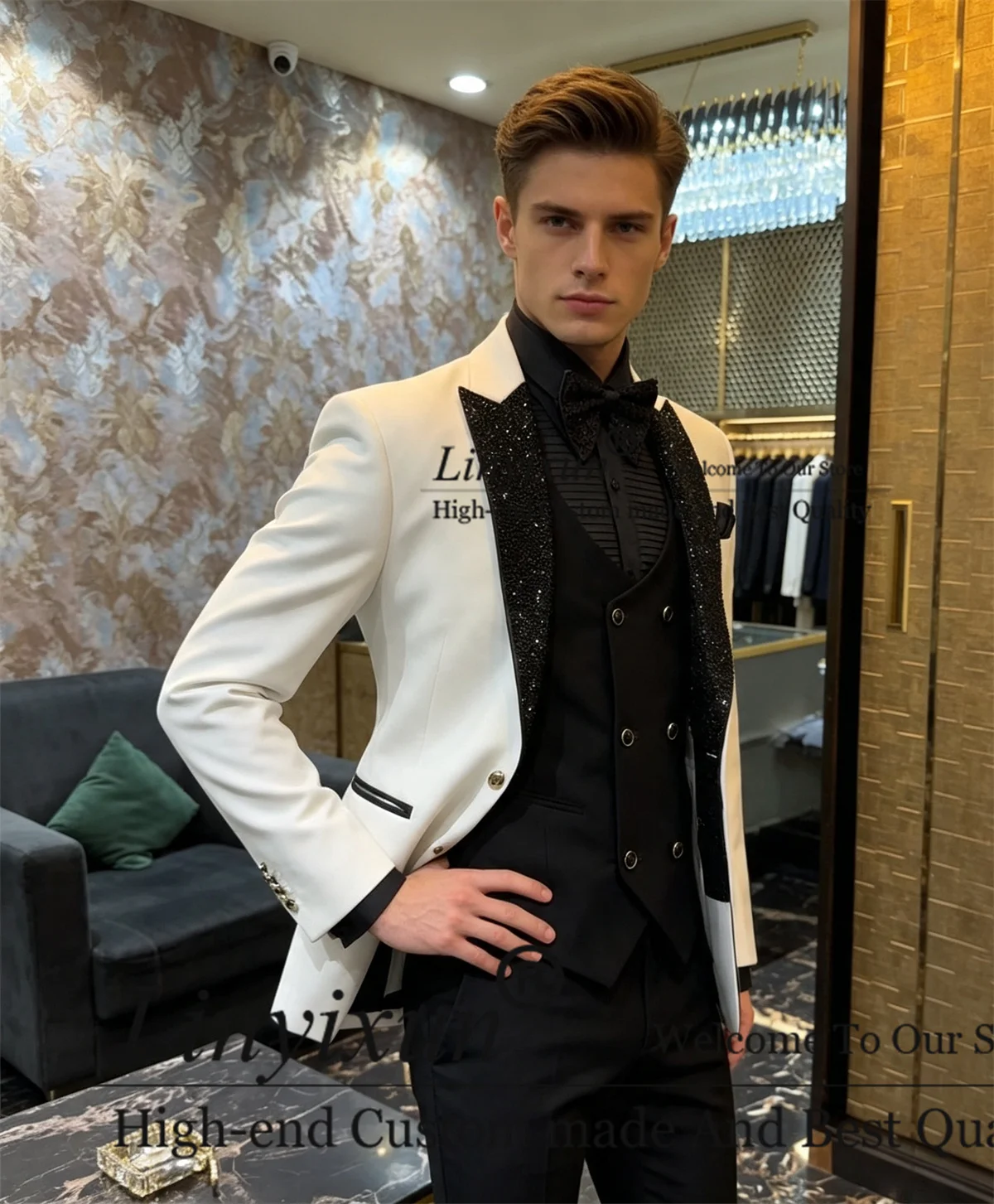 High End Diamond Stone Men Suit 3 Pieces Set Wedding Party ropa hombre Customized Glitter Sequin Lapel Groom Male Party Blazers