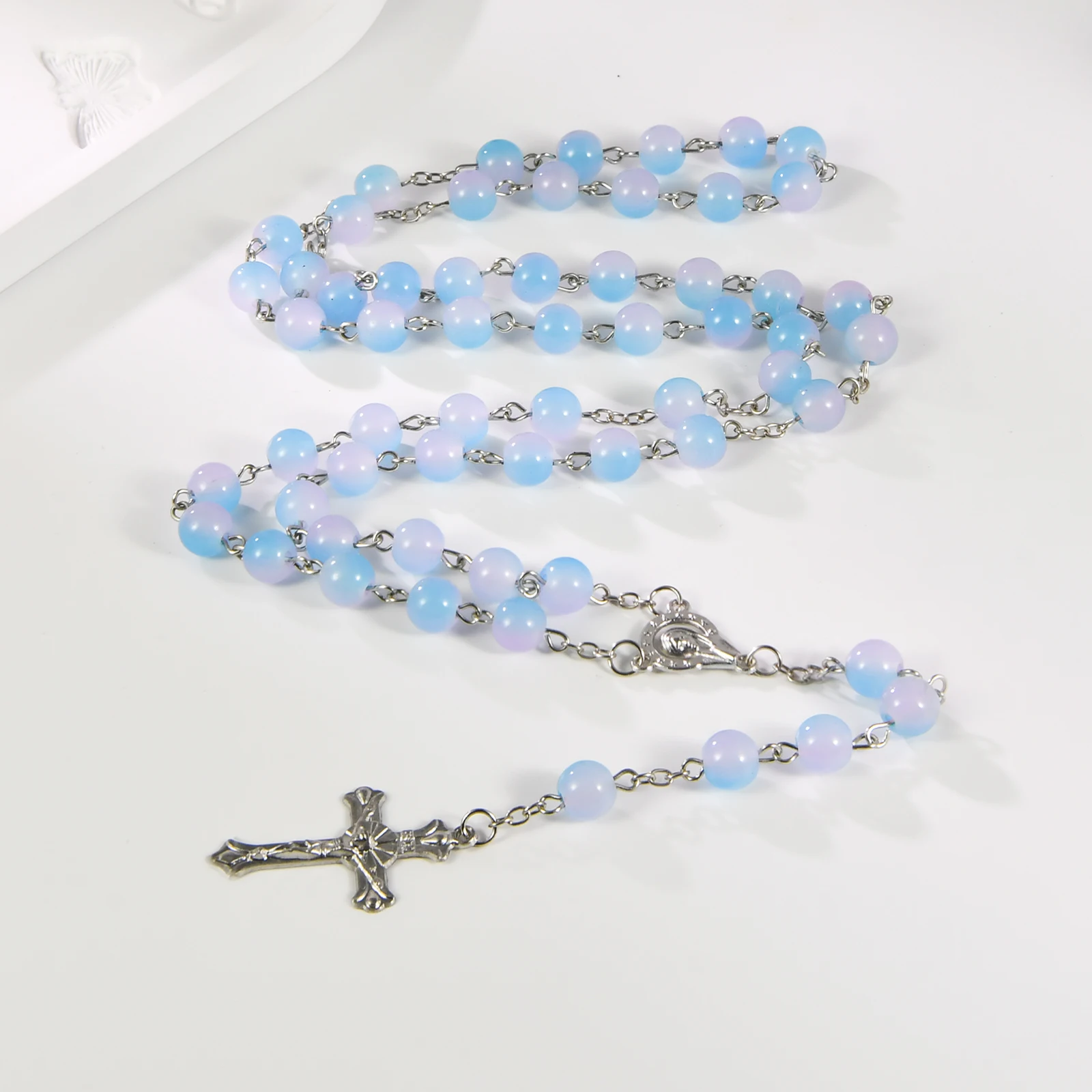 Blue Pink Catholic Rosary Beads Necklace, Prayer Rosary with Cross, Religious Gift for First Communion Baptism