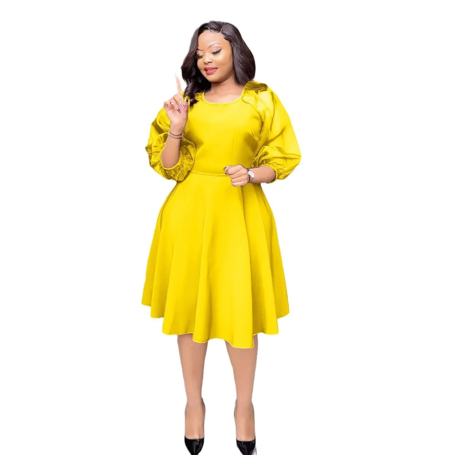 M-XL African Party Evening Dresses for Women Spring 2024 Africa 3/4 Sleeve O-neck Yellow Purple White Midi Dress Africa Clothing