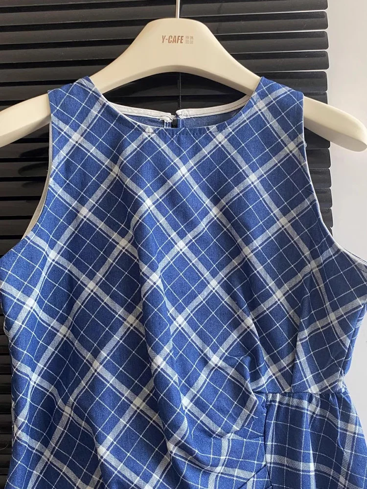 Chaleco Asimétrico con Tirantes a Cuadros Azules para Mujer, Nuevo, Único, Hermoso, Ajustado a la Cintura, Top Elegante