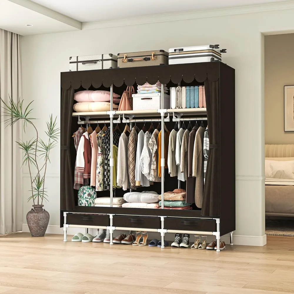 Nonwoven Closet Wardrobe with Metal Clothes Rack, Large Storage, 3 Hanging Rods, 3 Drawers, 3 Shelves, Ideal for Small Spaces