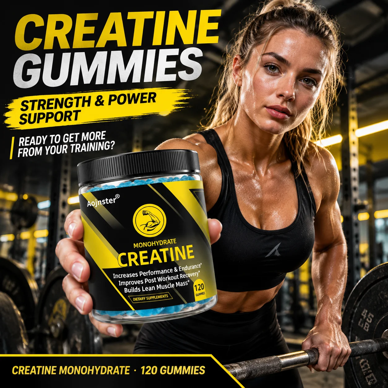 Aojnster Creatine Monohydrate Gummies, 120 Count, Strength & Power Support for Weight Training, Easy No-Mix Format