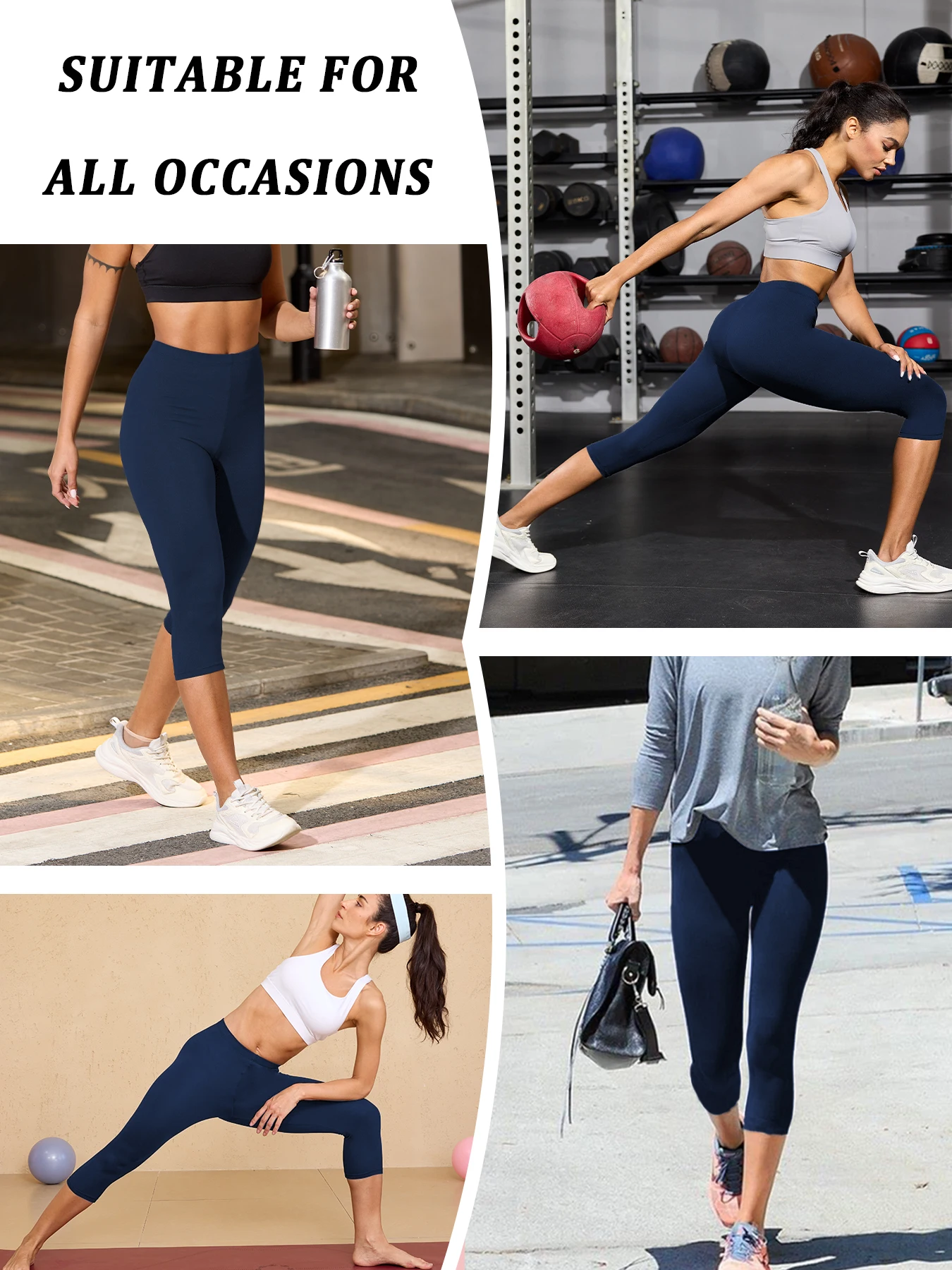 2팩 여성용 슈퍼 소프트 카프리 팬츠 높은 신축성 통기성 팬츠 운동 러닝 요가 운동복 팬츠 체육관 레깅스