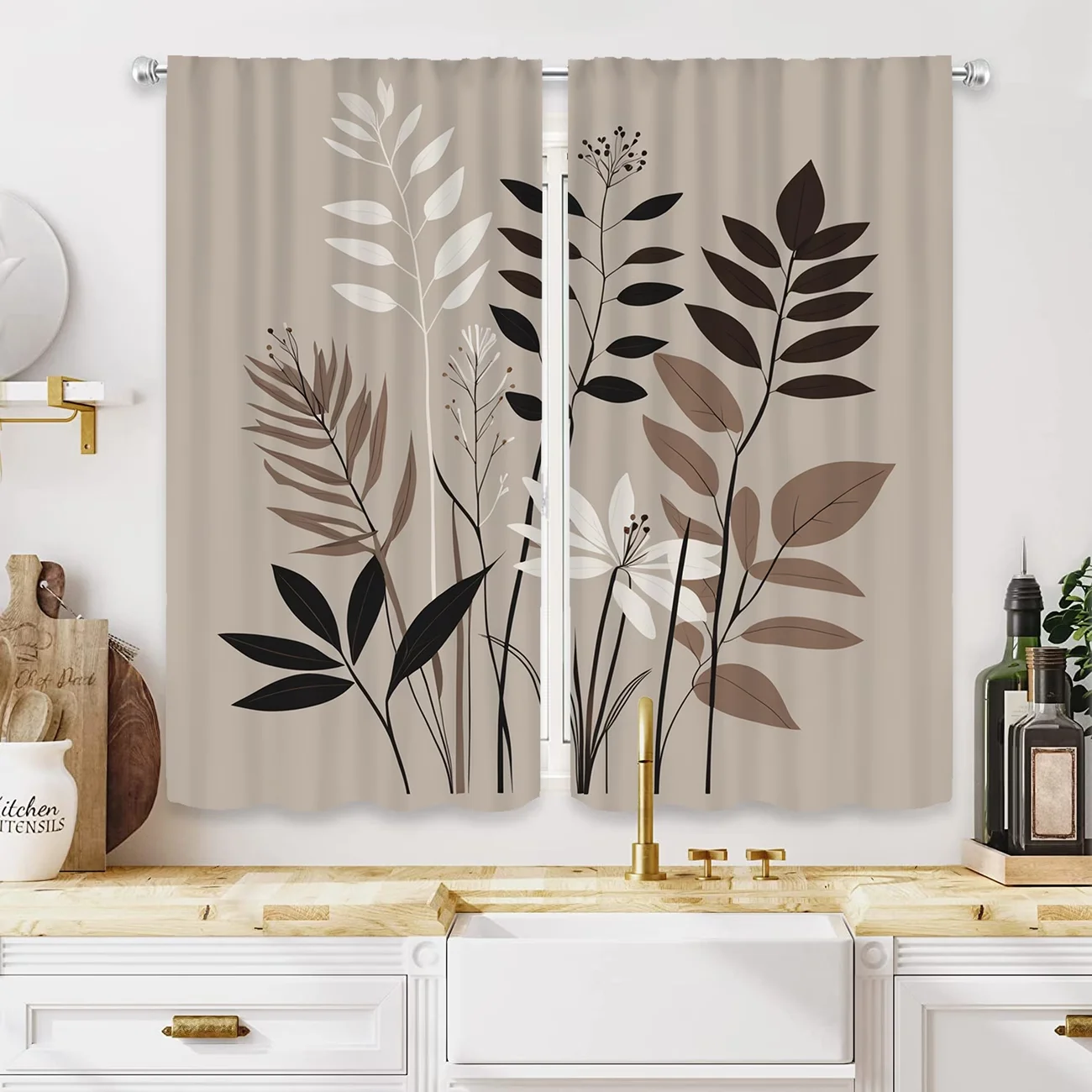 2PC Beige Earth-Tone Botanical Sheer Curtains - Minimalist Modern Leaf Print Window Drapes for Living Room Bedroom Decor