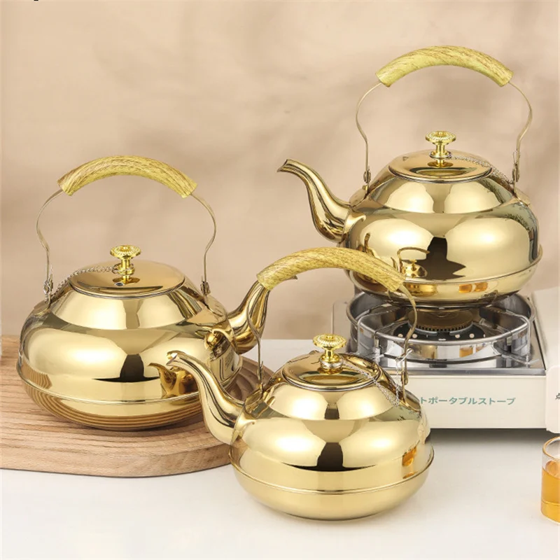 1L/1.5L/2L Gold Kettle Stainless Steel Household Water Kettle Stovetop Boiler Gas Induction Cooker Tea Pot Camping Home Kettle